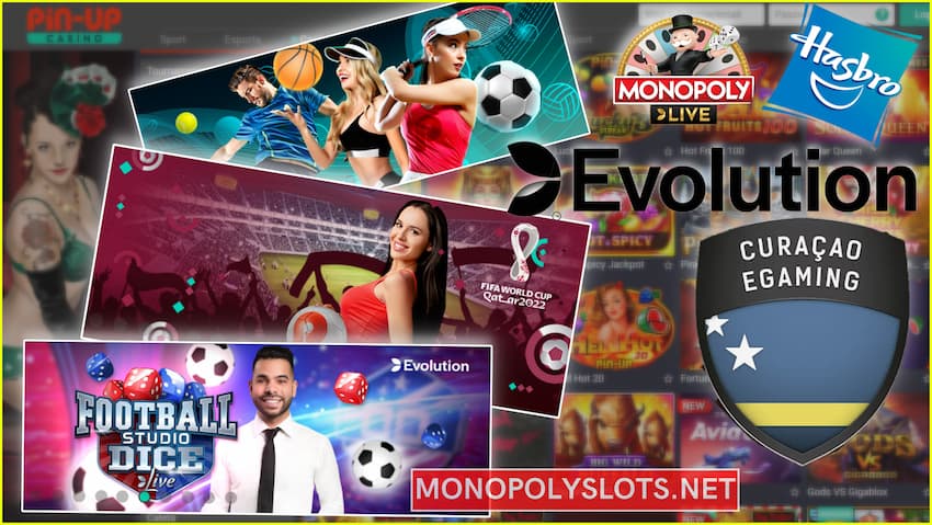A great selection of Monopoly slots and Live Casino games at Pin Up online casino pictured.