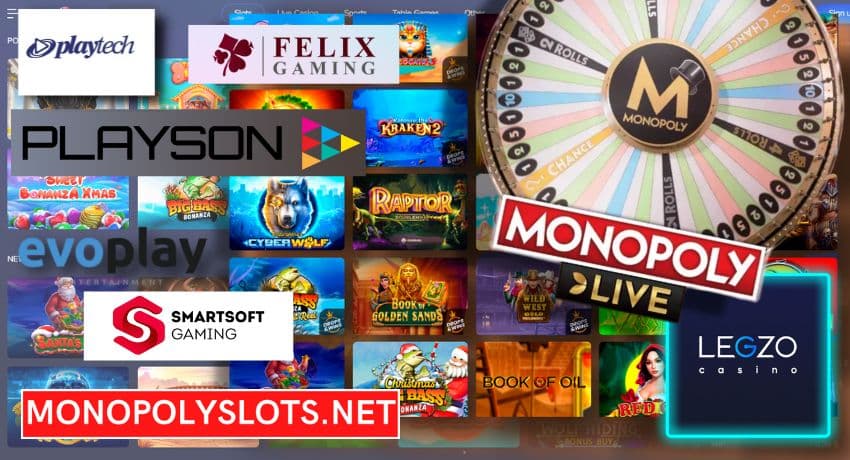 В LEGZO Casino вы найдете Monopoly Live, Monopoly Big Baller и другие слоты MONOPOLY, изображенные на картинке.