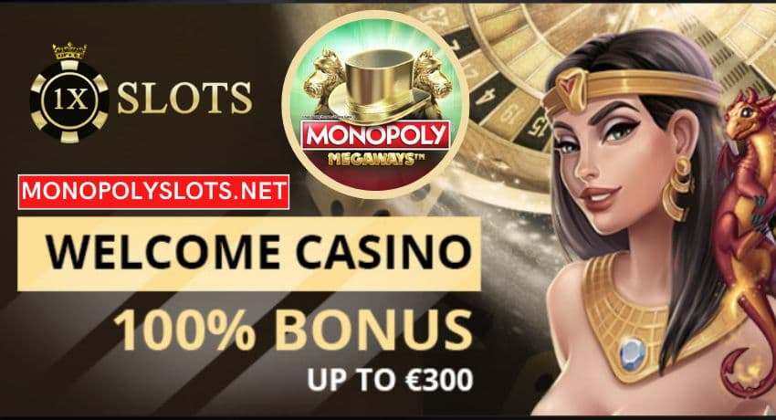 Monopoly casino 1xSLOTS and 100 Free Spins No Deposit pictured.