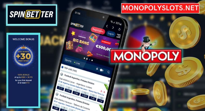 Monopoly casino Spinbetter and 150 free spins no deposit pictured.