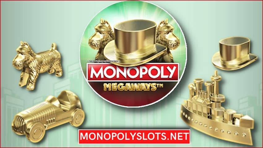 The cylinders, the ships, the cars, the dog and the playing cards are the bonus symbols of the Monopoly Megaways pictured.