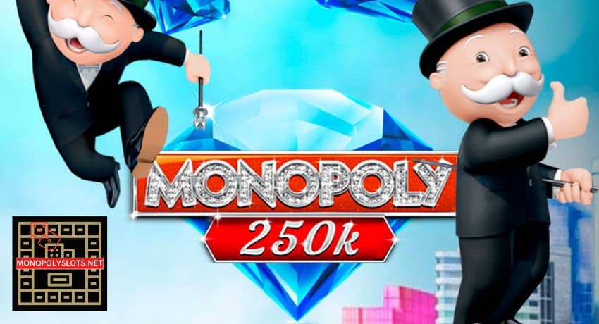 A close-up of the Monopoly 250k slot machine, featuring the iconic Monopoly man on the front pictured.