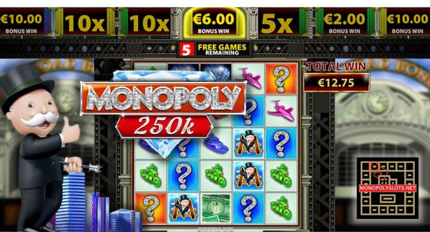 A player celebrates a big win on the Monopoly 250k slot machine, with the Monopoly man by their side pctured.