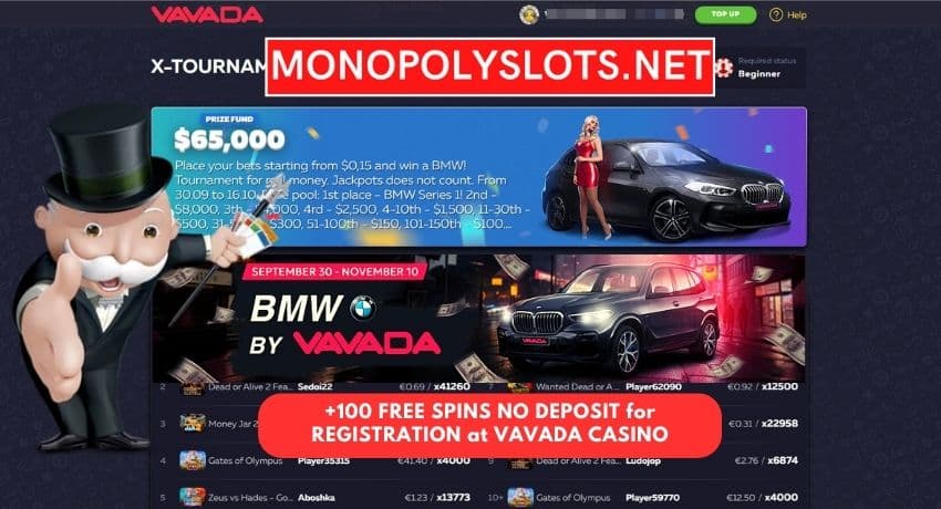 Cash prizes and a BMW car as the main apiz in online tournaments at Vavada Casino are pictured here.